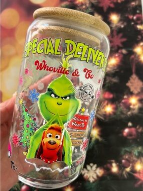 Grinch Christmas Glass Cup 13oz Bamboo Lid Whoville Iced Coffee Tumbler